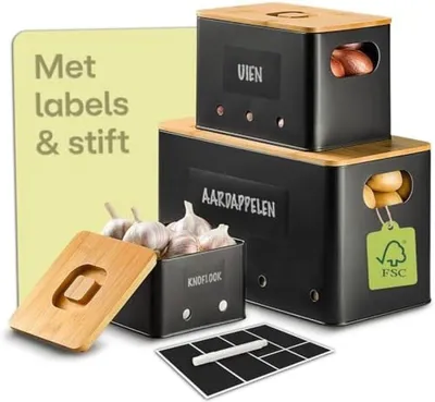 Productafbeelding van PromoHome® Set van 3 stapelbare opbergboxen voor groenten met ventilatiegaten, bamboe deksels, 88 liter, zwart