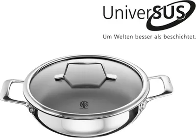 A stainless steel pot with a glass lid is shown against a white background. The brand logo and slogan are visible in the upper right corner.