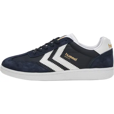 A single navy blue Hummel sneaker with white accents and gold branding is shown from the side against a white background.