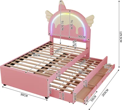 Obrázek produktu pro okwish Dětská postel nízká 90×200 cm s vyjímatelným rohovým lůžkem a 3-v-1 šuplíkem, polstrovaná postel pro chlapce a dívky, funkční jednolůžko s čelem ve tvaru jednorožce, růžové (bez matrace)