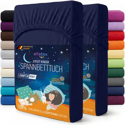 Produktbild von EllaTex 2er Pack Jersey Kinder Spannbettlaken 70x140 Baumwolle – Spannbetttücher Set für Babybett & Kinderbett, Farbe: Dunkelblau