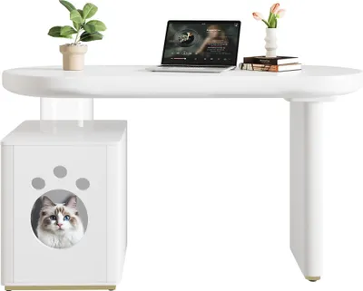 Immagine prodotto di Scrivania AIORBER con letto per animali 117×50×76 cm bianco, completamente laccato, curve arrotondate, gambe stabili, stile francese moderno