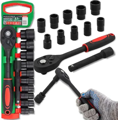 Zdjęcie produktu dla ROCKFORCE Zestaw NASADEK 1/2" 12 ELEMENTÓW z GRZECHOTKĄ i PRZEDŁUŻKĄ