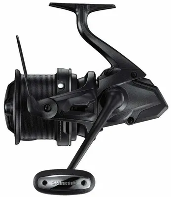 A black fishing reel on a white background.