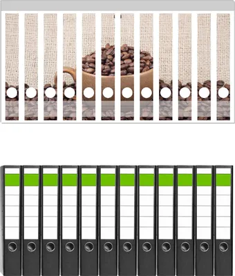 Produktbild von Wallario 12 Stück schmale Ordner inkl. Klebeetiketten mit Motive Tasse mit Kaffeebohnen - Kaffeedesign -  Set mit Rückenschildern / Ordnerrücken Stickern