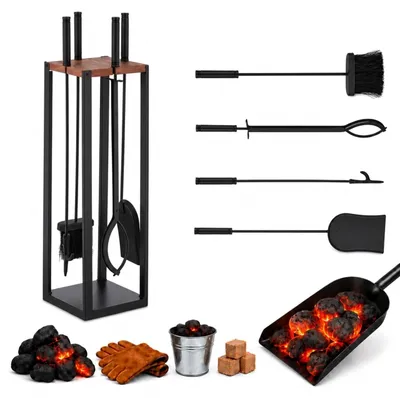 Productafbeelding van Relaxdays kachelaccessoires, 5-delige set, bestaande uit: haak voor hout, asbakschep, borstel en tang, AI-gegenereerde afbeelding