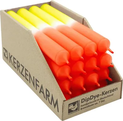 Produktbild von DIP DYE Stabkerzen aus Paraffin, 180/22 mm, Neongelb-Orange, KERZENFARM HAHN, Brenndauer ca. 7h, 16 Stück pro Verpackung