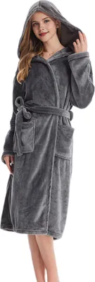 Produktbild von Damen Winternachthemd Dicker Flanell Warm Verstellbarer Schnürgürtel Einfarbig Kapuzentaschen Große Wasseraufnahme Lady Homewear Spa Hotel Bademantel
