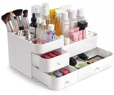 Imagen del producto de Organizador de maquillaje con 3 cajones, varios compartimentos, color blanco, para almacenamiento