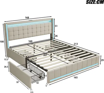 Produktbild von Polsterbett 160x200, LED-Kopfteil mit Stauraum Ablagefächer & USB-Buchse, Bettgestell mit Lattenrost, Kinderbett Jugendbett Flachbett, Leinen, Beige