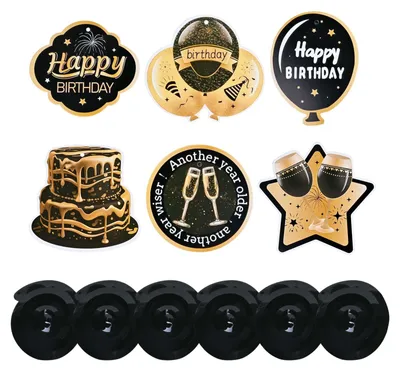 6 Spiralhänger Geburtstagsdeko Schwarz-Gold, Happy-Birthday-Girlande