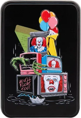 A collage of horror imagery featuring Pennywise the clown from Stephen King's IT, with multiple televisions, balloons, and a paper boat.
