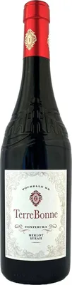 A bottle of TerreBonne Merlot Syrah wine against a white background.