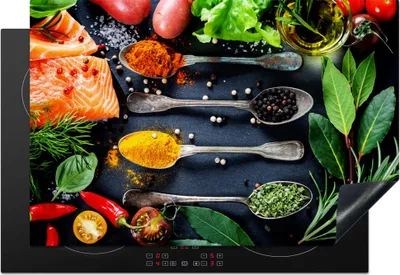 Produktbild von KitchenYeah© Herdabdeckplatte Kräuter - Löffel - Küche - Gewürze , 78x52cm, Küche Deko, Glaskeramikkochfeld Herdabdeckung, Abdeckplatte fùr Kochfeld
