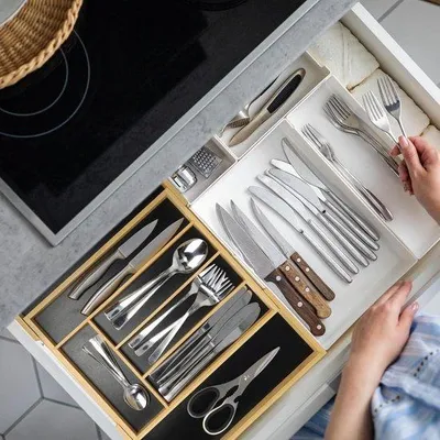 Immagine prodotto di Organizer per cassetti a 5-7 scomparti in bambù, nero, profondità 47 cm