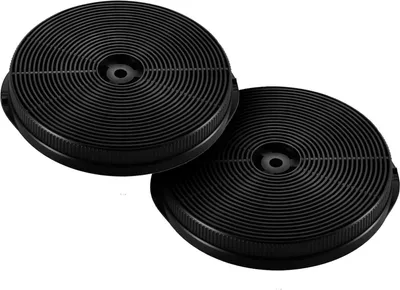 Two black circular carbon filters for a kitchen hood.