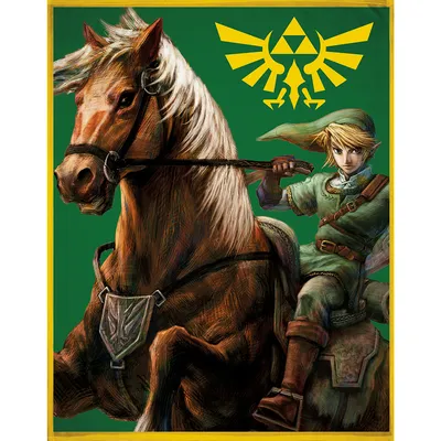 Link from The Legend of Zelda rides a horse, with the Triforce symbol in the background.