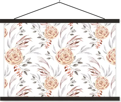 Produktbild von MuchoWow® Textilposter Rosen - Blätter - Weiß 60x40 cm mit schwarzem Rahmen - Hölzernes