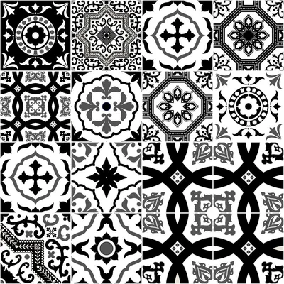 Produktbild von Selbstklebende Fliesen-Wandaufkleber für Küche und Bad – 16 moderne Azulejo-Fliesenaufkleber in Schwarz-Weiß – 16 Aufkleber, 15 x 15 cm