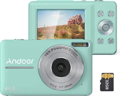 Zdjęcie produktu dla Przenośny aparat cyfrowy Andoer 1080P, kamera wideo, 44 MP, autofokus, 2,5-calowy ekran IPS, 16-krotny zoom cyfrowy, wykrywanie twarzy, przechwytywanie uśmiechu, wbudowana bateria z kartą pamięci 32 GB, prezent świąteczny dla dzieci i nastolatków