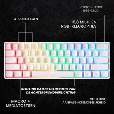 Productafbeelding van Mechanisch Gaming Toetsenbord Wit - Gateron Gele Schakelaars - 61 Toetsen Compact - RGB Verlichting - Bedraad USB-A - Voor PC En Mac