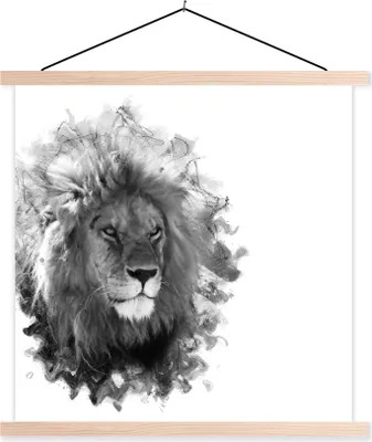 Produktbild von MuchoWow® Textilposter Löwe - Linie - Schwarz - Weiß 40x40 cm mit holzfarbenen Rahmen - Posterleiste