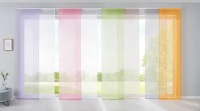 A set of sliding panel curtains in various pastel colors displayed in front of a window with a view of trees and sky.