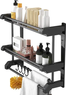 Obrázek produktu pro Koupelnový úložný věšák, nástěnný nerezový věšák na ručníky na WC, do kuchyně, závěsné doplňky, dvouvrstvý, černý, 50 cm
