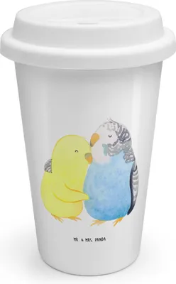 Produktbild von Mr. & Mrs. Panda To Go Becher Wellensittich Liebe - Weiß - Geschenk, Umarmen, Liebesgeschenk, Verknallt, Kuscheln, ToGo Kaffeebecher, Thermokaffeebecher, Thermobecher