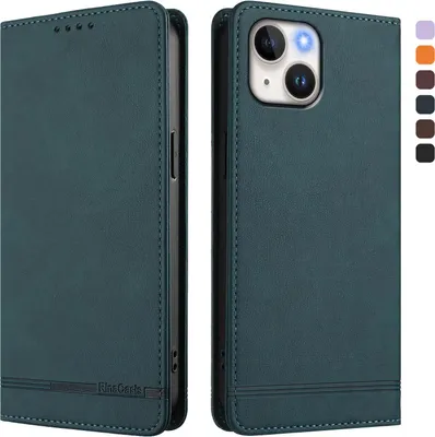 Produktbild von Hülle für iPhone 15, Retro Kunstleder Ständer Klapphülle mit Kartenfächer und Magnetische Grün