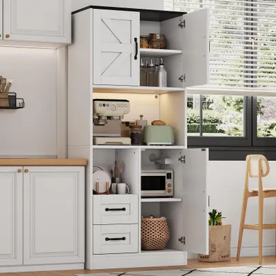 Productafbeelding van MODFU Hoge kast, 72 x 40 x 173 cm, keukenkast met RGB-LED-verlichting en app-bediening, voorraadkast/multifunctionele kast met stopcontacten, 3 schuifdeuren en 2 lades, wit