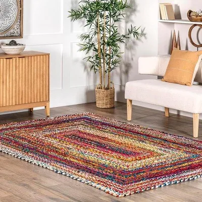 Image de Tapis Unyqoos® – tapis bohème tressé en 100% coton, disponible dans de nombreuses couleurs vives