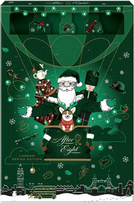 An advent calendar with a Christmas theme, featuring Santa Claus, a soldier, a corgi, and London landmarks.