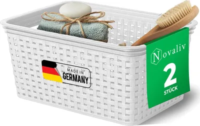 Produktbild von Novaliv 2 Stück Eleganter Aufbewahrungskorb in Rattan-Optik | Weiß Kunststoff 5L – Perfekt für Bad & Kleidungsaufbewahrung. Aufbewahrungsbox Badezimmer Körbchen Bad Organizer Korb Ordnungsbox