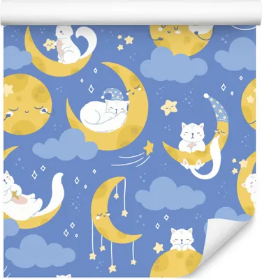 Produktbild von 10m VLIES TAPETE Rolle Kinderzimmer Katzen Sterne Monde Wolken Bunt XXL