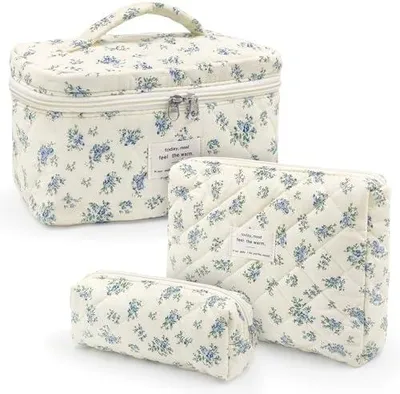 Produktbild von beifon 3er Set Kosmetiktasche Kulturtasche Damen mit Blumenmuster, Kulturbeutel Make Up Tasche, Tragbare Schminktasche Makeup Bag Waschtasche Gro? Frauen M?dchen