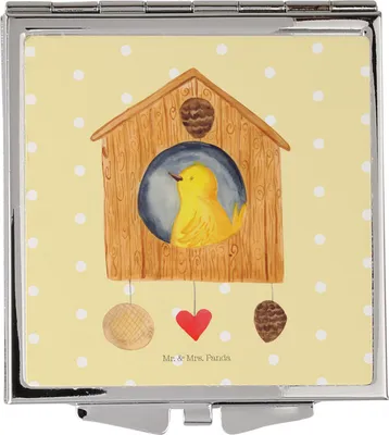 Produktbild von Mr. & Mrs. Panda Kleiner Spiegel Vogelhaus Home - Gelb Pastell - Geschenk, Vogel, Hausbau, Lustige Sprüche, Schminkspiegel, Frauen, Kosmetikspiegel, Taschenspiegel, Haus