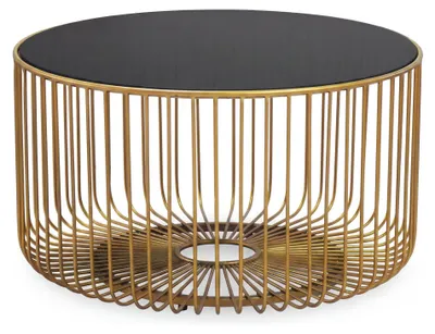 Couchtisch Rund 60 cm mit schwarzer Glasplatte und goldenem Metallgestell aus vertikalen Stäben in Gesamtansicht.
