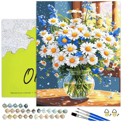 Produktbild von Malen nach Zahlen Erwachsene Margeriten und Kornblumen in Vase mit Rahmen 40x50