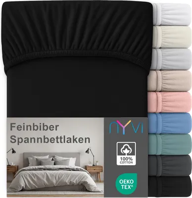 Produktbild von Feinbiber Spannbettlaken Deluxe für Matratzen bis 25 cm Steghöhe - Extra Warm & Weich, 100% Baumwolle, Bügelfrei, Vorgekrumpft, Farbe:Schwarz, Größe:90x200 cm