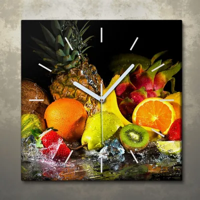 Produktbild von Wohnzimmer Leinwand Uhr Geräuschlos Küche 30x30 Farbige, Früchte, weiße Zeiger