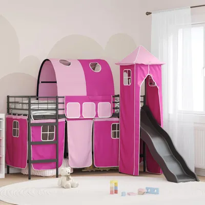 Immagine prodotto di Letto a castello per bambini, struttura nera e rosa, dimensioni 90 x 190 cm, in metallo