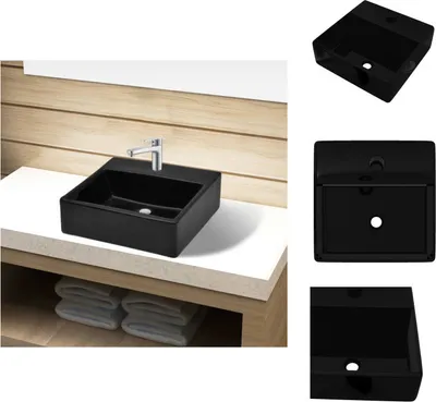 Produktbild von Keramik Waschbecken mit Hahnloch schwarz quadratisch - Badezimmer-Waschbecken