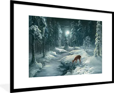Produktbild von MuchoWow® MuchoWow® Gerahmtes Poster Hirsche - Wald - Schnee 90x60 cm - Poster mit zchwarzem Bilderrahmen - Wanddekoration - Fotos