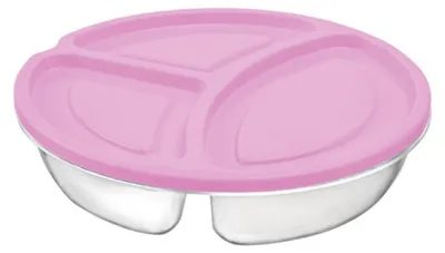 Obrázek produktu pro Úložná krabička / krabička na oběd se 3 přihrádkami – kulatá, nepropustná, s víkem, 1,1 l, růžová