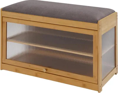 Image de Banc à chaussures - Étagère à chaussures en bambou Avec coussin d'assise - Deux niveaux - Avec espace de rangement - Pour le couloir/la chambre à coucher - Naturel