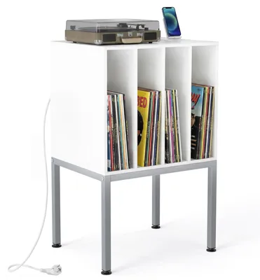 Image de Support pour platine vinyle COSTWAY avec station de charge, étagère pour disques vinyles avec 4 séparations et ouverture pour câbles, meuble pour platine vinyle 50x40x81cm