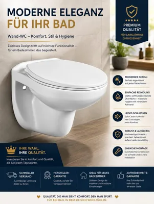 Produktbild von WC Komplettset Spülrandlos Sitz Soft Close Absenkautomatik Keramik Wand Set Hänge Wand Schüssel weiß Toilette für Vorwandelement Unterputzspülkasten