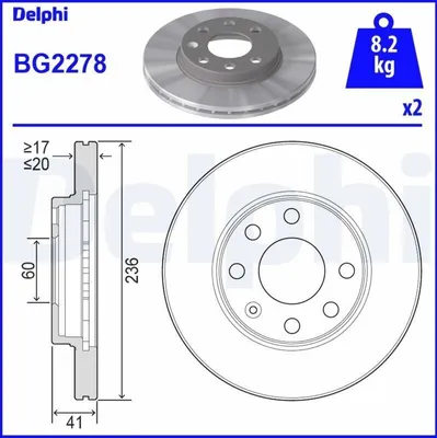 Produktbild von 2x DELPHI Bremsscheibe BG2278 für OPEL Corsa B Schrägheck (S93) Astra F CC (T92)