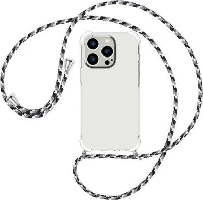 Produktbild von Handykette Backcover-Schutzhülle mit Band (Metall silberfarben) für Apple iPhone 15 Pro - schwarz/grau/weiß